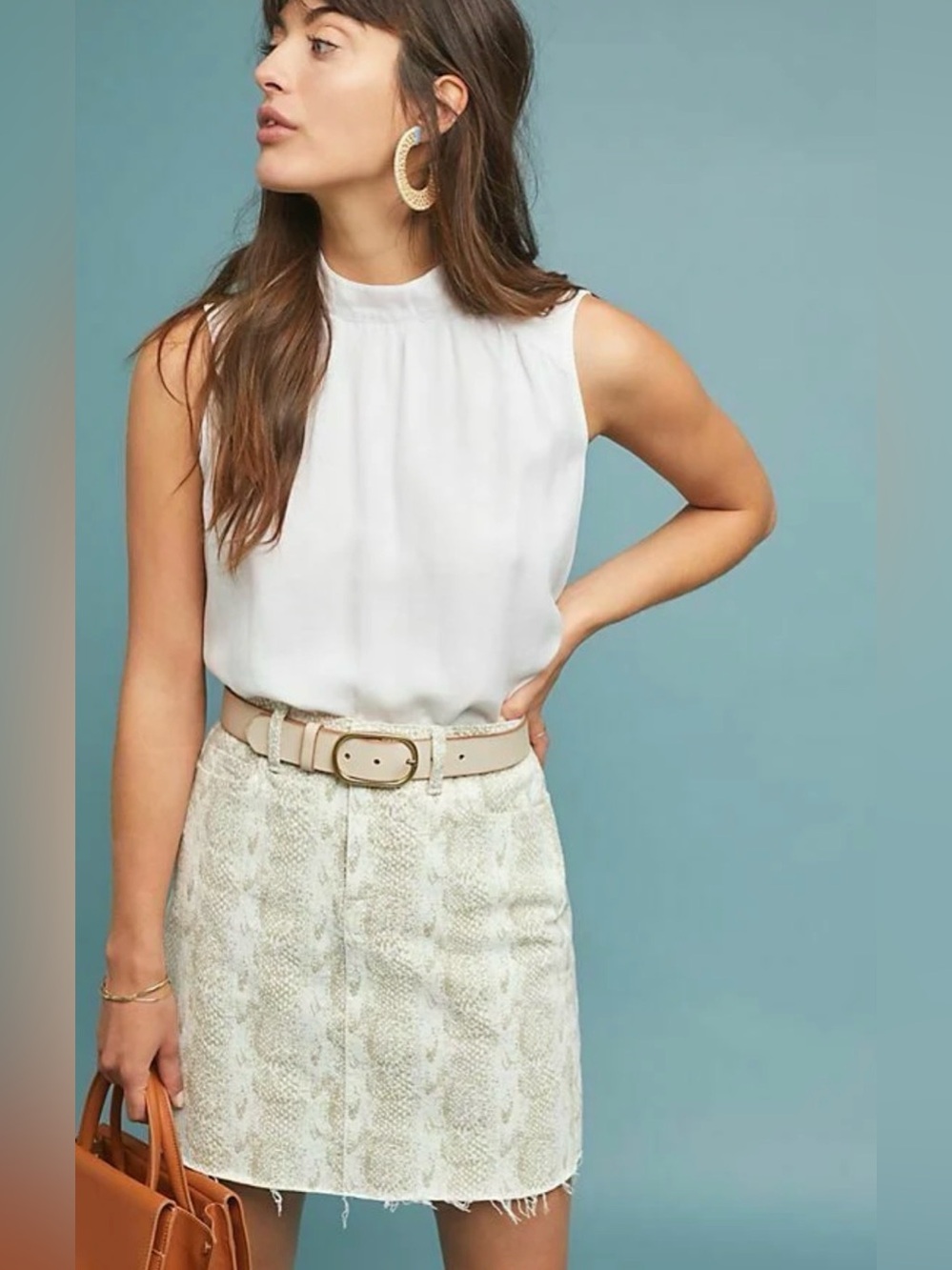 Paige Jamine Mini Skirt, Raw Hem White Denim, Sonoran Snake Print